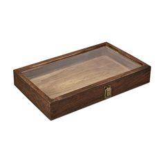 a wooden box with a drawer on the top and bottom is open to show it's contents