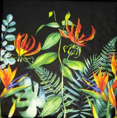 the lunch napkins are decorated with tropical plants and flowers, including orange lilies