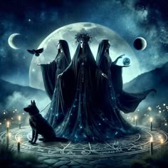 three witches standing in front of a full moon with two black cats sitting on the ground