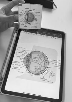 a tablet with an eye diagram on the screen and a hand holding it up to show what's inside