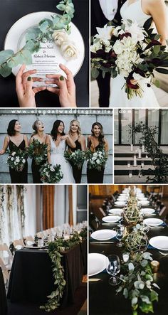 a collage of photos with flowers and greenery on the table at a wedding