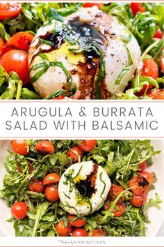 two plates filled with salads and meat on top of each other, the title says arugula & burrata salad with balsamic