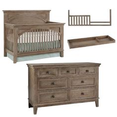 a baby crib, dresser and changing table are shown in three different styles with drawers