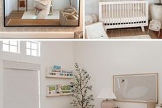 there are two pictures of a baby's room and one is in the mirror