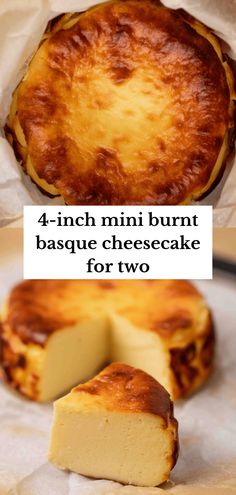 four different types of cheesecakes with the words 4 - inch mini burnt basque cheesecake for two