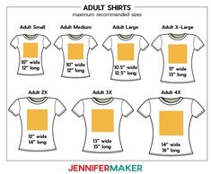 how to make an adult t - shirt with the measurements for each size and color