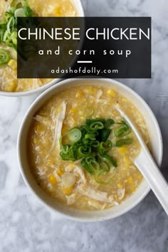 two bowls of chinese chicken and corn soup on a marble table with text overlay