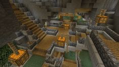 the inside of a minecraft house with lots of wood and stone stairs leading up to it