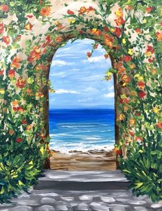 a painting of an archway leading to the beach with flowers on it and water in the background