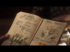 an open book with drawings on it in front of a jar filled with flowers and herbs