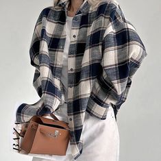 Olivia Mark - Winter Plaid Loose Fit Long Sleeve Shirt Casual Lazy Oversized Grid Shirt Jacket Woman Blouse Fashion, Oversized Plaid Shirts, Loose Fit Blouse, Winter Plaid, Casual Long Sleeve Shirts, Checkered Shirt, Long Sleeve Plaid Shirt, 가을 패션, Looks Style