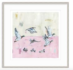 a painting of birds flying in the air over a pink ground with white trimmings