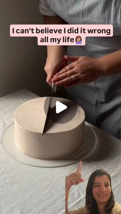 a woman is cutting into a cake with a knife and an instagram caption