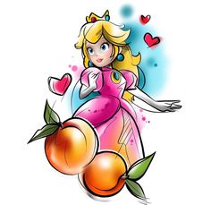 a drawing of a princess holding an apple and peaches with hearts in the background