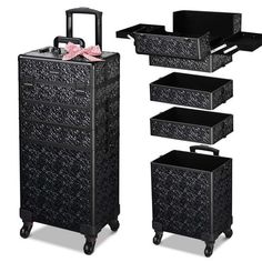 This Byootique 4-in-1 Makeup Train Case features classic black textured surface, delivering stylish & elegant style. It is equipped with 8 lockable latches for security, along with swivel wheels for easy transportation. Its 4-in-1 customizable structure provides large and versatile storage for cosmetics, ideal for beginner to professional makeup artists. Mermaid Black Design - Byootique 4-in-1 Makeup Train Case features mermaid black design reminiscent of the starry sky, evoking a touch of under Trolley Organizer, Makeup Train Case, Swivel Wheels, Gradient Design, Train Case, Professional Makeup Artist, Small Organization, Cosmetic Organizer, Makeup Bags