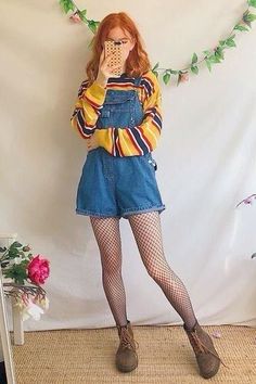 leah • stardew valley • aesthetic Artsy Outfit Ideas, Outfits Colorful, Overalls And Sweater, Colorful Clothing, Yellow Knit Sweater, Colorful Jacket, Style Overalls, Overall Outfit, Stunning Hairstyles