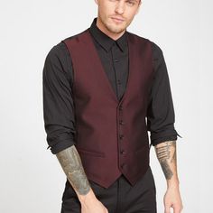 Nwt Midnight Wine Multi Vest Complete Your Suiting Attire In This Textured Vest, Featuring A Front Button Closures, Adjustable Back Strap And Front Welt Pockets. Self: 82% Polyester, 18% Viscose Rayon. Lining: 100% Polyester. Rust Burgundy Black Wedding, Black And Maroon Suit, Red Vest Outfit, Alternative Groom Attire, Vest For Men Wedding, Wine Suit, Groomsmen Attire Black, Rustic Groomsmen Attire, Burgundy And Grey Wedding