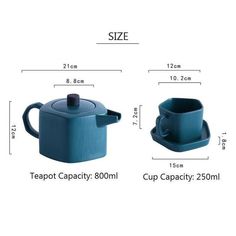 teapot capacity 800ml and cup capacity 250ml are shown with measurements for the size