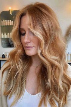 24 Sweetest Strawberry Blonde Balayage Hair Color Ideas Strawberry Blonde Hair With Dimension, Copper Golden Blonde Hair, Hair Ideas Redheads, Ginger Blonde Hair Color, Blonde Hair Red Undertones, Dark Roots With Strawberry Blonde Hair, Strawberry Blonde Hair With Brown Roots, Ginger Ash Hair, Red Strawberry Hair