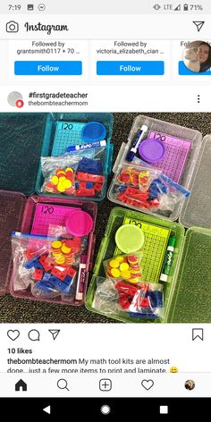 four plastic containers filled with toys sitting on top of a table next to each other