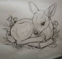 a drawing of a baby deer laying on its mother's stomach with flowers around it