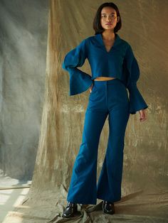 Hene Pants BOTTOMS Mishé Blue Flare Pants For Work, Chic Blue Wide-leg Flares, Chic Blue Fitted Flares, Fall Blue Wide Leg Flares, Blue Cotton Wide Leg Flares, Indigo Wide Leg Pants For Fall, Wide Leg Indigo Pants For Fall, Indigo Wide-leg Pants For Fall, Chic Blue Flare Wide Leg Pants