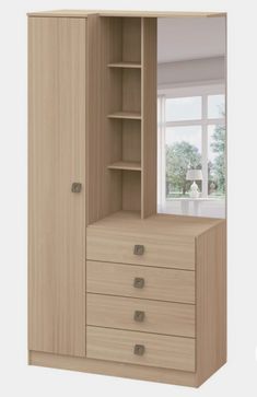 an open closet with drawers and shelves next to a window in front of a white wall