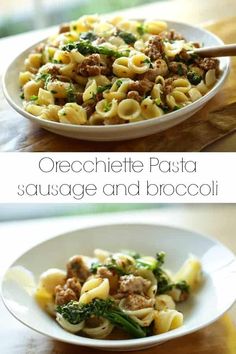 two pictures of pasta with sausage and broccoli in a white bowl on a wooden table