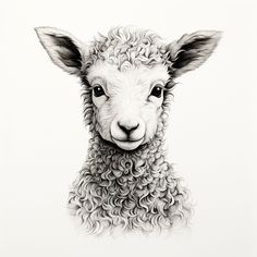 a black and white drawing of a sheep with curly hair on it's face