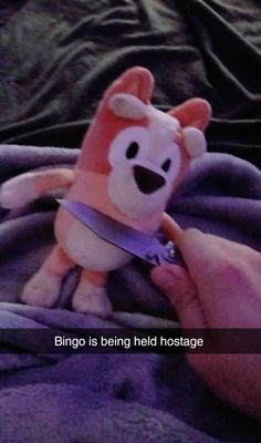 someone is holding a small stuffed animal in their hand with the caption bingo is being held hostage