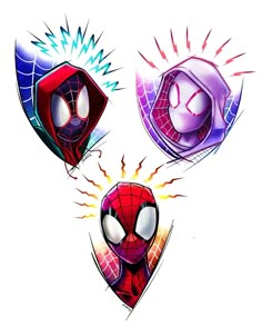 three spider - man faces are shown in different styles and colors, with one being the same