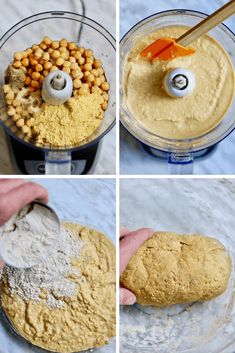 four pictures showing how to make peanut butter and chickpeas in a food processor