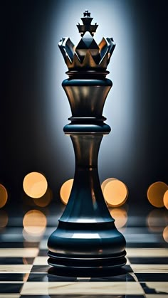 a black and white chess piece with lights in the background