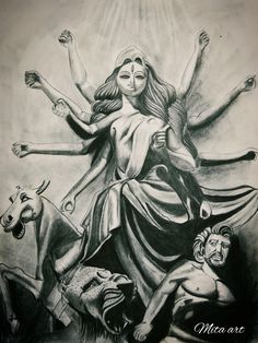 a pencil drawing of a woman surrounded by other people and animals, with the sun above her