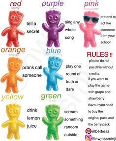 the different colors of gummy bears are shown in this poster, which includes words and pictures