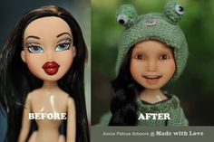 before and after photos of a doll's plastic makeover