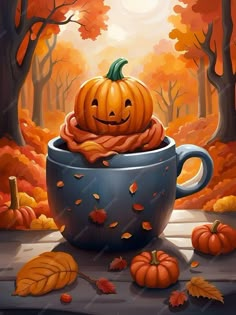 a painting of a pumpkin in a tea cup