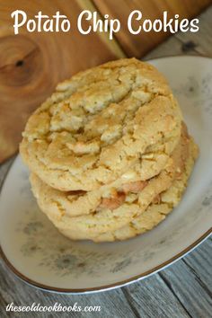 three cookies stacked on top of each other with the words potato chip cookies above them