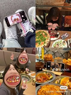 the collage shows people eating food and taking pictures with their cell phones while sitting at a table