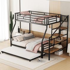 a black metal bunk bed sitting on top of a wooden floor next to a white rug