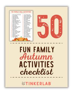 the 50 fun family autumn activities checklist is shown with an image of turkeys