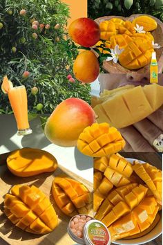 there is a collage of mangoes, oranges and other fruit on the table