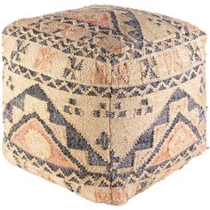 a decorative ottoman with an intricate design on it's sides and the top section is made from jute