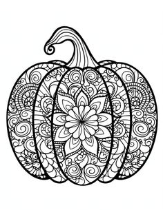 a black and white drawing of a pumpkin with swirly designs on the front side