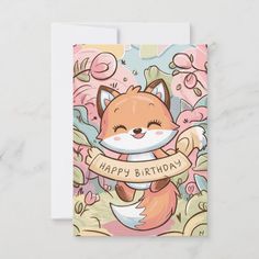 a happy birthday card with a cartoon fox holding a plate in it's hand