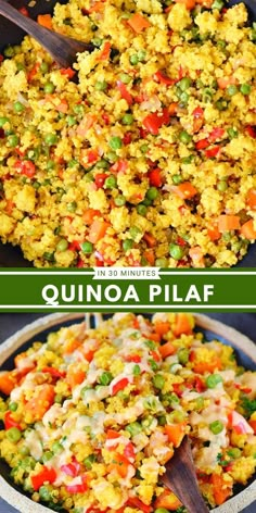 two pictures showing the process of making quinoa pilaf