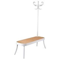 a white bench with a wooden seat and coat rack on the back, against a white background