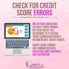 a pink background with the words check for credit score errors on it and an image of a laptop