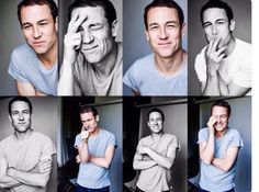 multiple pictures of a man smiling and holding his hand to his face with different expressions