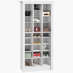 a white bookcase with several shelves and shoes on the bottom shelf, against a white background